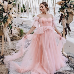 Rose Shadow Tulle Wedding Dress with Amazing Ruffles and Puff Separate Sleeves. Ethereal Bridal Gown. Handcrafted wedding dress 2025 | ERICA