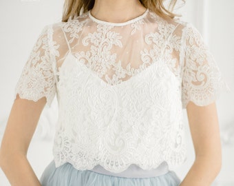 Belle Wedding Lace Crop Top,  White or Ivory Lace Crop Top Tops, Engagement lace top plus size