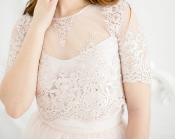 Biscuit Blush Mary Lace Top, Blush Pink Lace Prom Tops, Bruidsmeisjes Crop Top, Kanten avondblouse