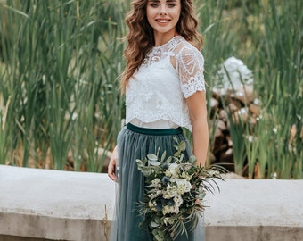 Green Grey Rustic Tulle Dress, Waterfall Green Grey Tulle Skirt Floor Length, Bridesmaids Green Tulle Separates