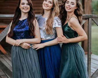 Green Grey Indigo Palette Boho  Sequin Bridesmaid Tulle Dresses Plus Size, Prom New Year Silver Green Blue Grey Tulle Sequined Dress