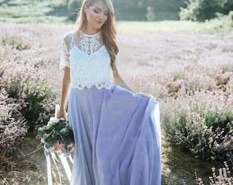 Sienna T-Shirt Lace Chiffon Lace Dress, Lavender Bridal or Engagement Full Length Sunset Chiffon Separates in Plus Size