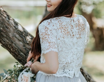 Orchid T-shirt Blouse, Macrame Engagement Prom Bridesmaids Lace Crop Top