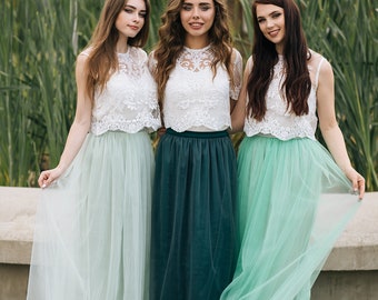 Boho Green Grey Palette Bridesmaid Separates : Pistachio/Green Grey/Herbal Green Waterfall Tulle Skirt and Allure Lace Tops Plus Size