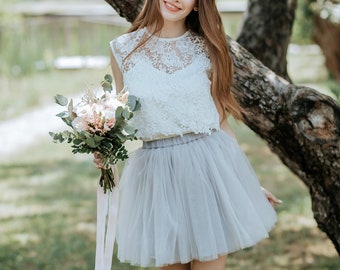 Jasmin Macrame Short Length  Tulle Prom Engagement Party Bridesmaids Dress, Fay Skirt Elastic Band With Ivory Lace Crop Top Plus Size