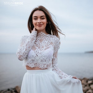 Rosaleen Lace Top, BOHO Bridal Lace Crop Top, Engagement Bridal Separates, Rustic Lace top Plus Size Buttoned Back