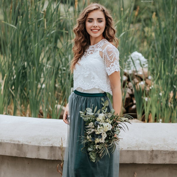 Grün Grau Rustikales Tüll Kleid, Wasserfall Grün Grau Tüll Rock Bodenlang, Brautjungfern Grün Tüll Trennt