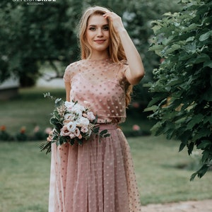 Blush Velvet Dots Tulle Separates: Polka Dots Dark Blush Tulle Skirt with Dotted Tulle Crop Top included Silk Under Top - 3 pieces set
