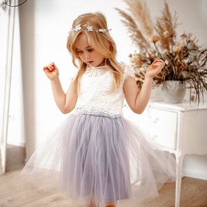 Lavender Baby Toddler Lace Dress, Mary Flower Girl Tulle Separates, Boho Tulle Skirt and Lace Girl Top