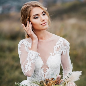 Glitterbruilofttop - crop top met glitter en kant met lange mouwen, verlovingskanten top grote maten, nieuwe luxe boho-bruidscollectie | Emma