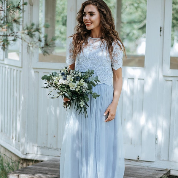 Powder Blue Dress all in Limited Color: Dusty Blue Waterfall Tulle Skirt and Powder Blue Belle Lace Top with Light Grey Silk Under top