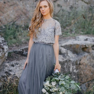 Ombre Slate Grey&Dusty Blue Mary Dress, Long Grey Waterfall Bridesmaids or Engagement Skirt, Prom Lace Dresses Plus Size Dark Grey