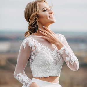 Mia Glitter Wedding Top, Waves Glitter and Flower Lace Crop Top with Long Sleeves, Engagement plus size,  Wedding