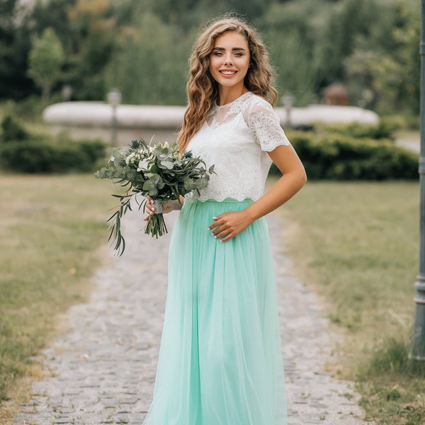 Blue Mint Tulle Dress, Mint Tulle Waterfall and Belle Lace Top, Rustic Mint Bridesmaids Dress