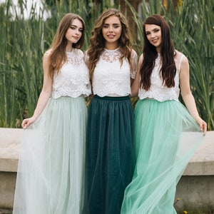 Boho Green Grey Palette Bridesmaid Separates : Pistachio/Green Grey/Herbal Green Waterfall Tulle Skirt and Allure Lace Tops Plus Size image 1