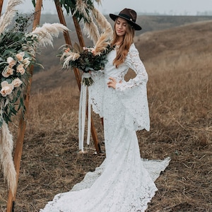 Macrame Meribel Boho Bell Sleeves Bridal Dress, Bohemian Long Open Back Lace Wedding Dress With Train  2025