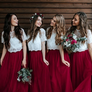 Burgundy Bridesmaids Separates, Waterfall Tulle Skirt and Belle Lace Top with Silk Under top available in Plus Sizes