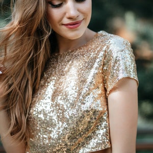 T-shirt Gold Sequin crop top with Silk Satin Soft Lux Lining, Confetti Bridesmaids Gold Sequined Blouse Plus Size image 1