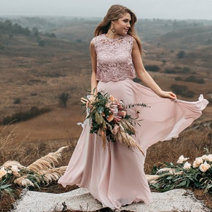 Sunset Chiffon Separates, Macrame Lace Chiffon Bridesmaid Dresses, Blush Bridal or Engagement Full Length Chiffon Skirt in Plus Size