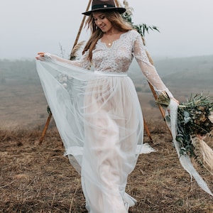 Boho Wedding Dress - Ombre Lace Separates, Two Piece Tulle Dress, Bridal Lace Dress Open Back, Lace Bodysuit | Aster Bridal Separates
