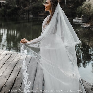 Veil cathedral length, long ivory veil with lace, cathedral wedding veil lace, blusher veil, 2 tier veil | Alice Lux