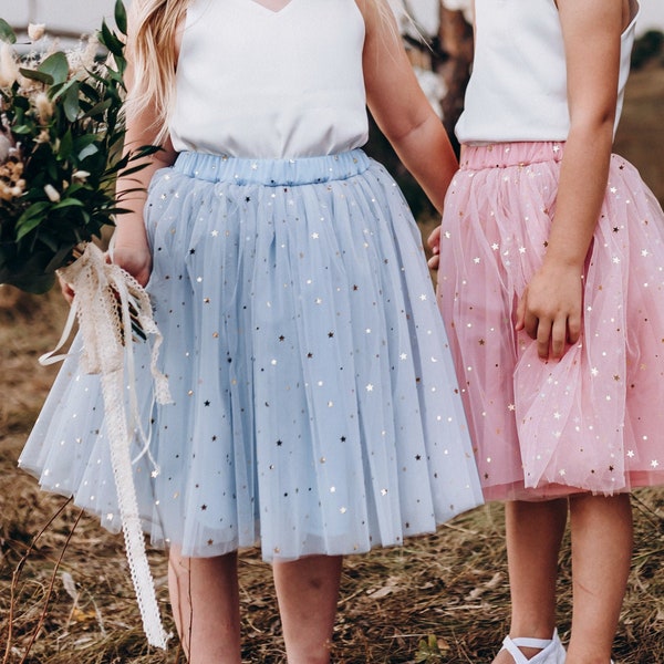 Moon and stars Tulle Skirt for Birthday Photoshoot, Girl's Tulle Skirt, ivory blue blush tutu | Galaxy tulle skirt + Novel top buttoned back