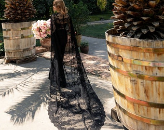 Black Nymph Cape: Lace Bridal Cape with Amazing Train