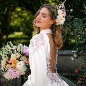Romantic Silk Satin Floral Wedding Gown with Open Back Blush Flowers & Amazing Train | Blossom Delight