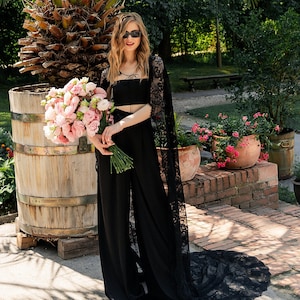Wedding Black Satin Suit Set - Bridal Silk Satin Extra Wide Pants, Bandeau Bustier and Black Lace Cape | Black Nymph Suit