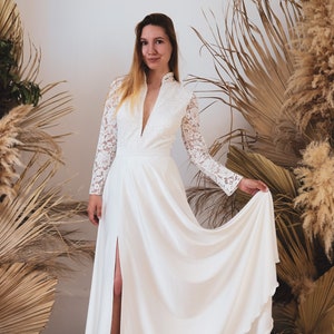 Romantic Two Piece Wedding Satin Dress Buttoned Back - Deep V Neck Justin Lace Bodysuit & Silk Satin Bianca Skirt with Slit