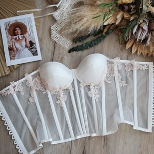 Corset With Cups and Albertine Flowers, Bridal Corset, Corset Top Sweetheart Shape, Bridal Transparent White Ivory Black Corset | Modele