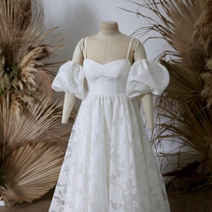 Custom Made Morning Glory Organza Dress. White on White Flower Pattern. Sheer Organza Off shoulder Straps Bustier with Puff Sleeves