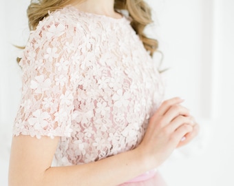 Blossom Lace Top in Blushes, 3D Lace crop top Ivory Blush Pink, Lace Prom Tops, Bridesmaids Floral Crop Top