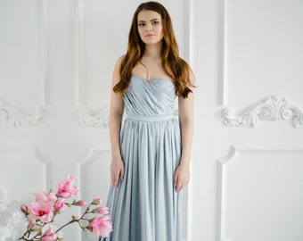 Robe de demoiselle d'honneur de rêve en satin de soie en gris clair, robes de demoiselle d'honneur simples, robe de bal grande taille, robe longue en soie bustier chérie