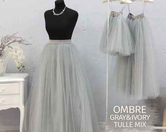 Illusion Gray & Ivory Mix Ombre Long Tulle Skirt Casual Floor length Women, Tulle Skirt Women Tulle Skirt, Wedding Long Tulle Skirt 5 layers