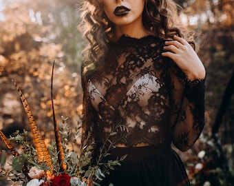 Black Rosaleen Floral Lace Top Gothic Bridal Lace Crop Top Engagement Separates Black Lace Plus Size Buttoned Back crop top l Rosaleen top