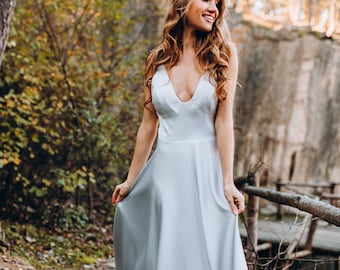 Simple Wide Strap Silk Slip Dress, Long Silk Satin Silver Grey A-line Slip  Dress with Wide Straps and Open Back Elsa Dress