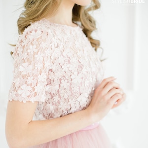 Blossom Lace Top in Blushes, 3D Lace crop top Ivory Blush Pink, Lace Prom Tops, Bridesmaids Floral Crop Top