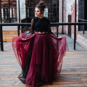Black and Mulberry Magic Ombre Skirt and Sophia Boho Backless Top, Black Wine Wedding Dress, Black Gothic Gown, Black Wedding Lace Top