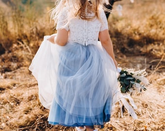 Ombre Dusty blue & indigo flower girl dress, flower girl blue tulle dresses, blue toddler dress, lace flower girl separates | Storm + Belle
