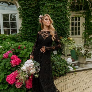 Floral Lace Boho Engagement Black Lace Gown with Black Slip Dress, Gothic Wedding Dress Long Sleeve Plus Size | Enchanted Forest Dress