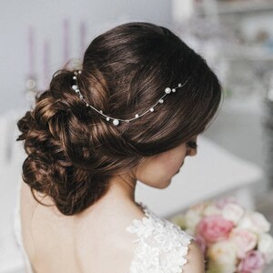 Thin Simple Wedding Pearl Crystal Hair Vine , Engagement hair accessories, minimalistic hair piece image 3