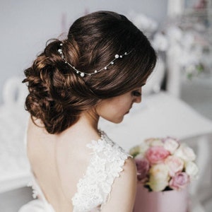 Thin Simple Wedding Pearl Crystal Hair Vine , Engagement hair accessories, minimalistic hair piece image 1