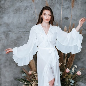 Chiffon Maxi Robe with Ruffle Sleeves -  Touch of the Wind BOHO, Bohemian Luxury Chiffon Robe Floor Length, Maternity Chiffon Gift Robe
