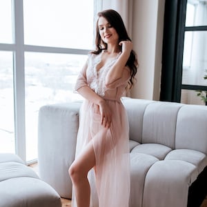 Miracle Blush Boudoir Tulle Dress, Bohemian Blush Lace Robe, Blush Tulle Boudoir Boho Gown, Lace Bridal Blush Robe Photo Shoot .