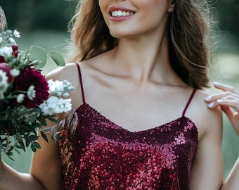 Thin Straps Wine Sequin crop top with Silk Satin Soft Lux Lining, "Confetti" Bridesmaids Wine Sequined Prom Blouse Plus Size
