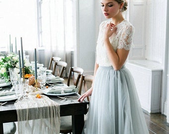 Boho tulle wedding separates, Bridesmaid dresses, Bridal two pieces dress, bridesmaid skirt with top, Plus size dusty blue tulle skirt