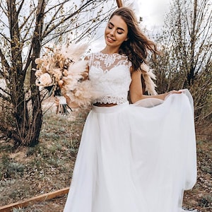 Simple Wedding Dress - Lace Tulle Bridal Dress, Bridal Lace Top with Open Back, Full Sun A-line Bridal Tulle Skirt | Seraphine Set