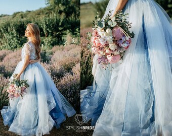 white and light blue wedding dress