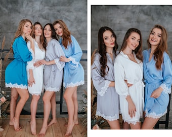 Grey Blue Palette of Lux Silk Bridesmaid Robes Thin Macrame Lace Trim, Blue Bridesmaid Gift | Ember